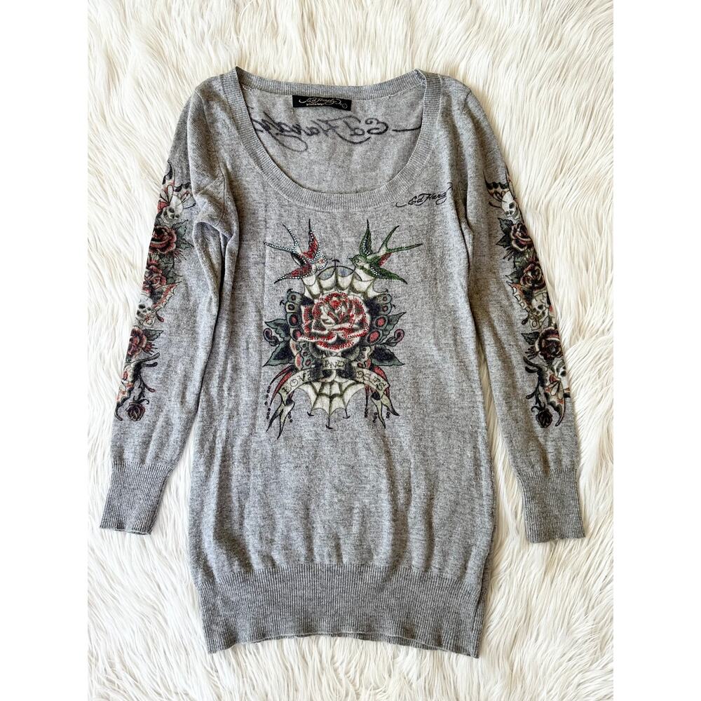 Ed Hardy Vintage Y2K Sweater by Christian Audigier Flower Bird Skull Tattoo Gray